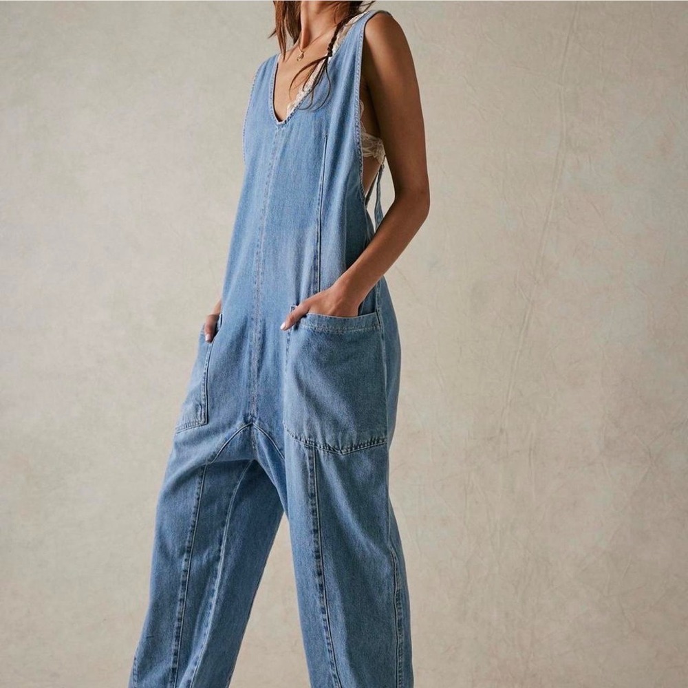 Free People High Roller Denim Overalls Medium Blue Boho Slouchy Harem Jumpsuit - Picture 2 of 12